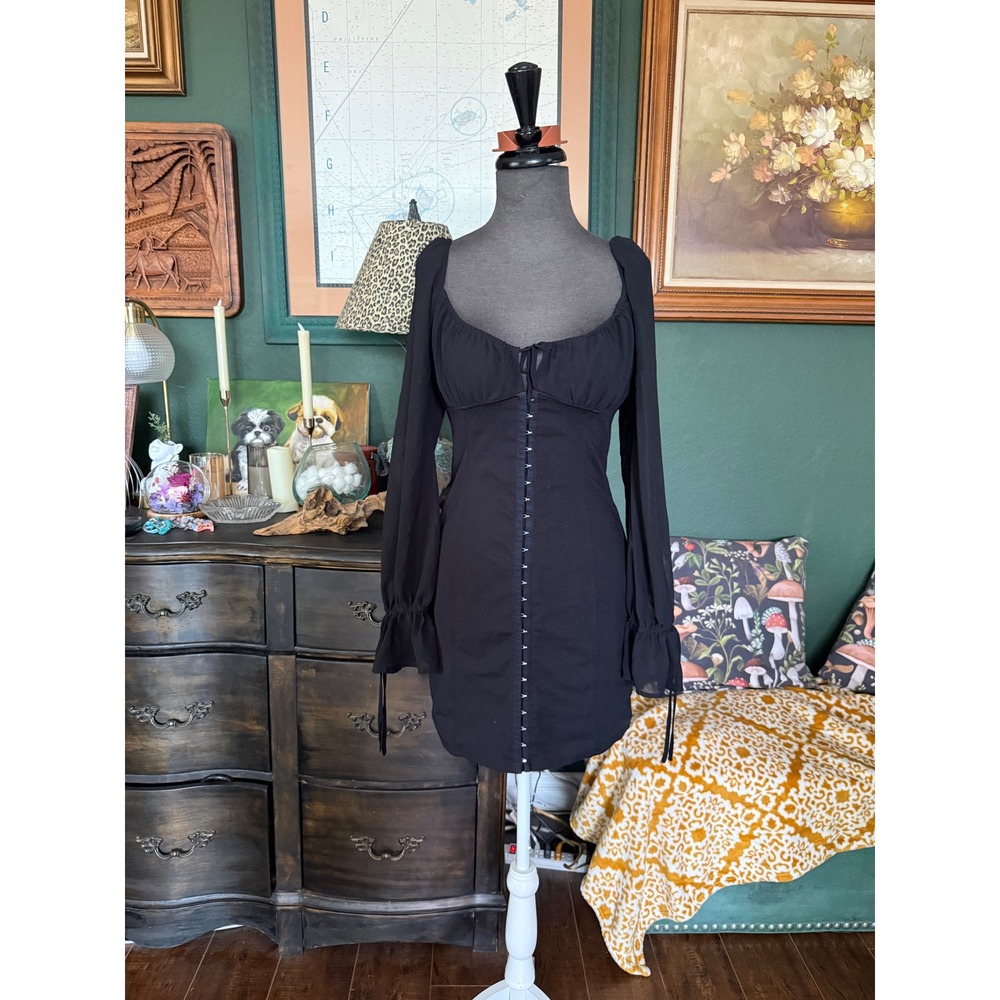Forever 21 Black Hook and Eye Corset Milkmaid Mini Dress Sheer Long Sleeve Large